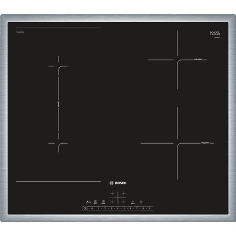 Plită incorporabilă Bosch Serie 6 PVS645FB5E, Inductie, 4 zone de gătit, Funcţie CombiZone, Funcţie PowerBoost, 17 nivele de putere, Oprire automată, Control touch, 60 cm, Sticlă ceramică neagră, Ramă inox