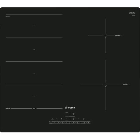 Plita incorporabila Bosch PXE611FC1E, Inductie, 4 zone de gatit prin inductie (din care 1 zona FlexInduction), Control DirectSelect, Senzor PerfectFry, 60 cm, Vitroceramica, Negru