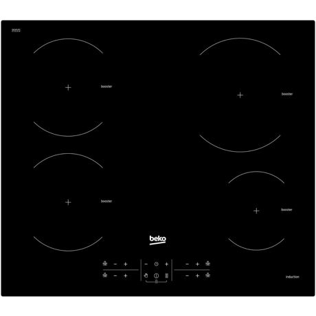 Plita incorporabila Beko HII64200AT, 4 zone inductie, Touch control, Booster, Timer, 60 cm, Neagra