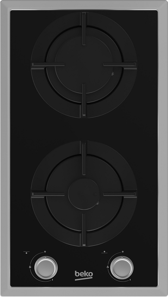 Plita incorporabila Beko HDMS32220FX, Vitroceramica, 2 zone gaz, Aprindere integrata, Gratare din fonta, 30 cm, Neagra, Rama inox