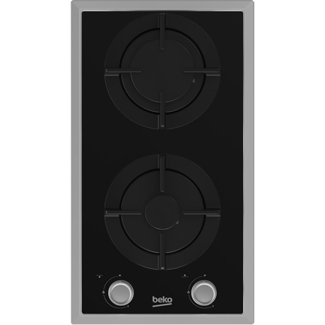 Plita incorporabila Beko HDMS32220FX, Vitroceramica, 2 zone gaz, Aprindere integrata, Gratare din fonta, 30 cm, Neagra, Rama inox