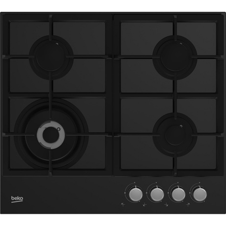 Plita incorporabila Beko HILW64225S, Gaz, 60 cm, 4 arzatoare, Wok, Gratare din fonta, Aprindere electronica, Sticla neagra