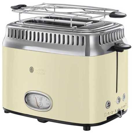 Prajitor de paine Russell Hobbs Retro Vintage Cream 21682-56, 1200 W, 2 felii, Prajire rapida, Gratar pentru chifle, Crem/Inox 