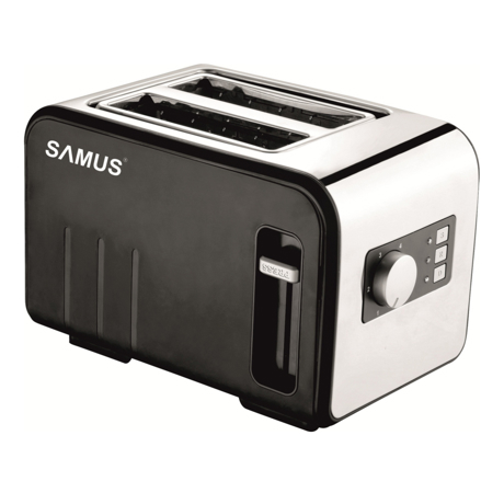 Prajitor de paine Samus Daily, 800 W, 2 felii, 6 niveluri de prajire, Decongelare, Mecanism automat de ridicare a feliilor, Termostat reglabil, Negru/Argintiu