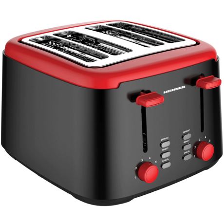Prajitor de paine Heinner Wassay HTP-1450BKR, 4 felii, 1450-1750W, 7 niveluri rumenire, Decongelare, Reincalzire, Negru/rosu