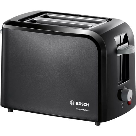 Prajitor de paine Bosch TAT3A013, 980 W, 2 felii, Senzor electronic pentru prajire uniforma, Tasta Stop, Reincalzire, Negru
