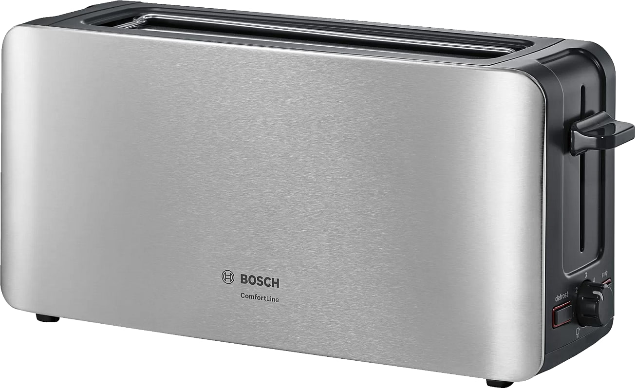 Prajitor de paine Bosch TAT6A803, 1090 W, 2 felii/felii lungi de paine, Control variabil de rumenire, Tasta Stop, Dezghetare, Inox