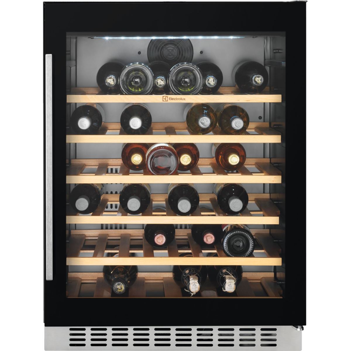 Racitor de vinuri incorporabil Electrolux ERW1573AOA, 138 litri, 46 sticle, Rafturi lemn, Control electronic, H 82 cm, l 59,5 cm, Culoare neagra (sticla)
