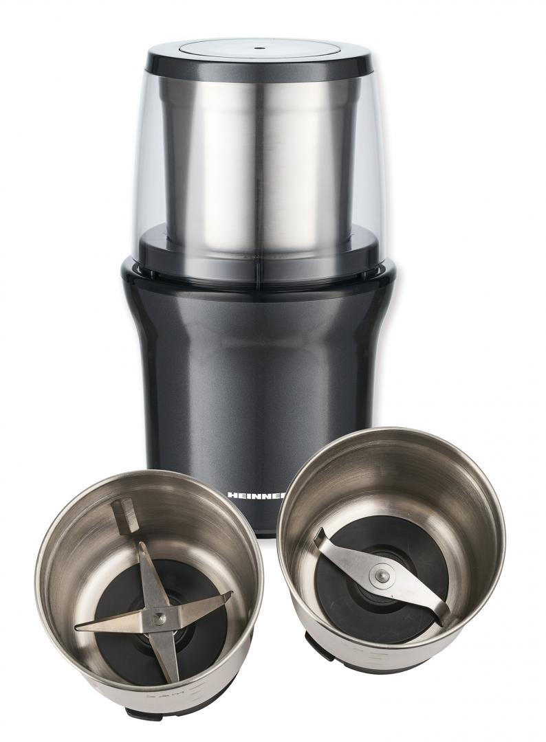 Rasnita electrica Heinner Gemmini HCG-200DGIX2, 200 W, 70g, 2 recipiente din inox detasabile, Rasnire uscata si umeda, Carcasa inox
