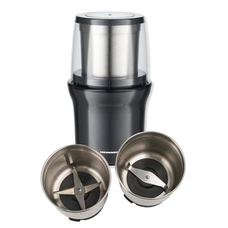 Rasnita electrica Heinner Gemmini HCG-200DGIX2, 200 W, 70g, 2 recipiente din inox detasabile, Rasnire uscata si umeda, Carcasa inox