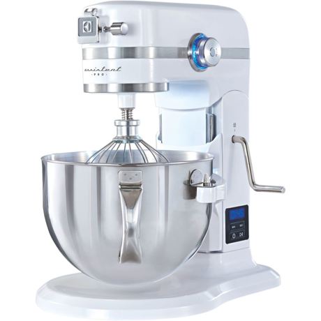 Robot de bucatarie Electrolux Assistant Pro Kitchen EKM6100, 1200W, 10 setari, display Led, 8 functii, bol inox 5.7 l, tel, carlig pentru framantat, paleta mixarea, Alb/Inox