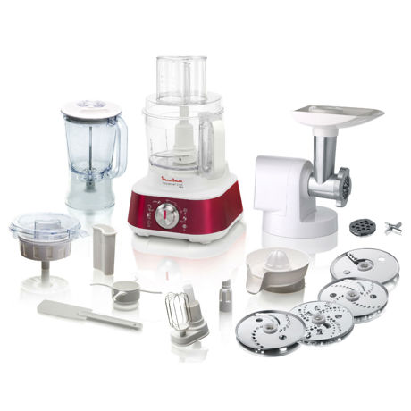 Robot de bucatarie Moulinex Masterchef 8000 FP662GBE, 1000 W, Blender 1.5 l, Bol 3 l, Tocator carne, Alb/Rosu