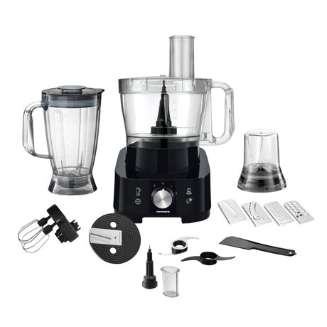 Robot de bucatarie Heinner Cookery chef HFP-1000BK, 1000W, 2 viteze + Pulse, Bol 3.5L, Blender 1.8L, Accesorii maruntire/feliere, Teluri/inox, Rasnita, Negru