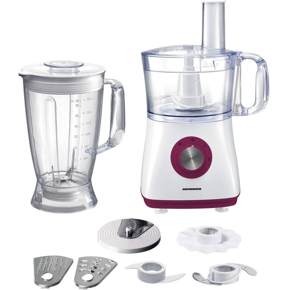 Robot de bucatarie Heinner Charm HFP-750BG, 750 W, Bol 1.2 L, Blender 1.8 L, Alb/Visiniu