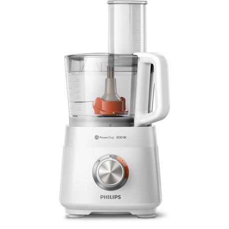 Robot de bucătărie compact Philips HR7510/00, 800 W, 2 viteze+Puls, Bol 1.5 L, Lamă oţel inoxidabil, Presă de citrice, Alb