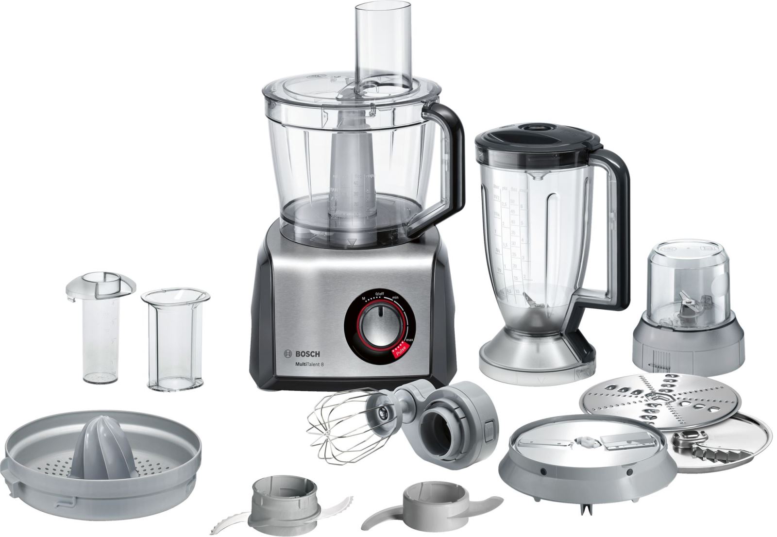 Robot de bucatarie Bosch MC812M844, 1250 W, Functie Pulse, Viteza variabila, Vas 3.9 L, Blender 1.5 L, Presa citrice, Discuri feliere, Tel, Negru/Inox