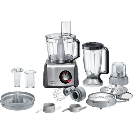 Robot de bucatarie Bosch MC812M844, 1250 W, Functie Pulse, Viteza variabila, Vas 3.9 L, Blender 1.5 L, Presa citrice, Discuri feliere, Tel, Negru/Inox