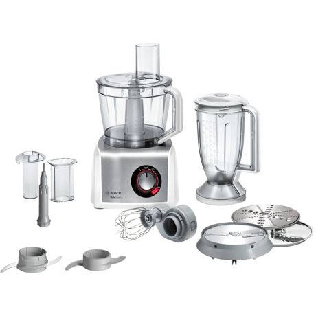 Robot de bucatarie Bosch MC812S814, 1250 W, Viteza variabila, Functie Pulse, Vas 3.9 L, Blender 1.5 L, Discuri feliere, Tel, Sistem anti-alunecare, Alb/Inox