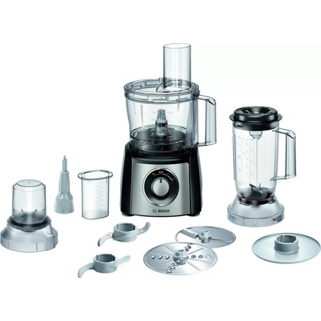 Robot de bucatarie Bosch MCM3PM386, 900 W, 2 viteze, Functie Pulse, Bol inox 2.3 L, Blender 1 L, Rasnita, Discuri feliere, Negru/inox
