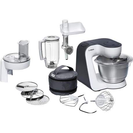 Robot de bucatarie Bosch MUM50131, 800 W, 4 viteze, Treaptă Impuls, Mixare planetara 3D, Bol inox 3.9 L, Blender 1.25 L, Maşină de tocat, Alb/antracit