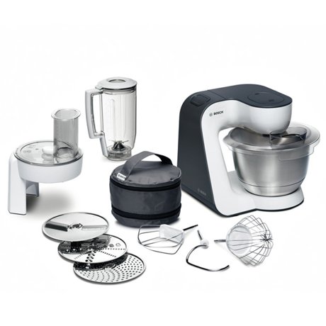 Robot de bucatarie Bosch Styline MUM52120, 700 W, 4 viteze + puls, Bol 3.9 l, Blender 1.25 l, Alb/Negru