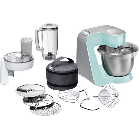 Robot de bucatarie Bosch MUM58020, 1000 W, 7 viteze+Impuls, Mixare planetara 3D, Bol inox 3.9 L, Blender 1.25 L, Discuri feliere/maruntire, Turcoaz/argintiu