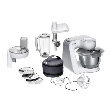 Robot de bucatarie Bosch MUM58231, 1000 W, 7 viteze, Funcție Pulse, Mixare planetara 3D, Bol inox 3.9 L, Blender 1.25 L, Maşină de tocat, Alb/argintiu