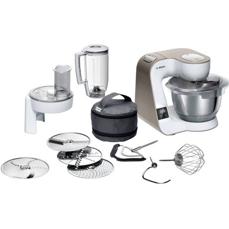 Robot de bucatarie Bosch MUM5XW20, 1000 W, 7 viteze, Funcție Impuls, Mixare planetara 3D, Bol inox 3.9 L ( 1,9 kg aluat), Blender 1.25 L, 4 discuri de feliere/răzuire, Alb