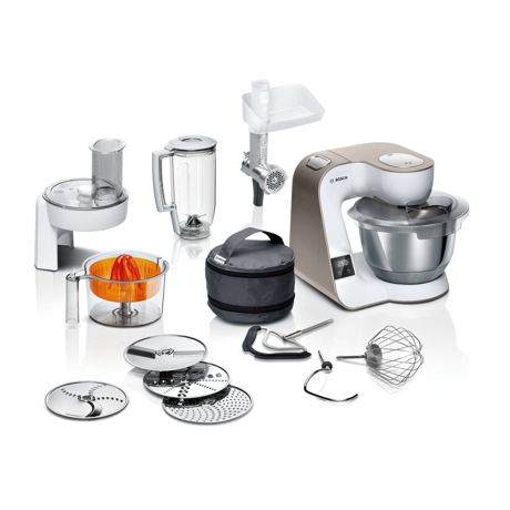 Robot de bucatarie Bosch MUM5XW40, 1000 W, 7 viteze, Functie Impuls, Mixare planetara 3D, Bol inox 3.9 L ( 1,9 kg aluat), Masina de tocat carne, Blender 1.25 L, Storcator citrice, 4 discuri de feliere/razuire, Alb