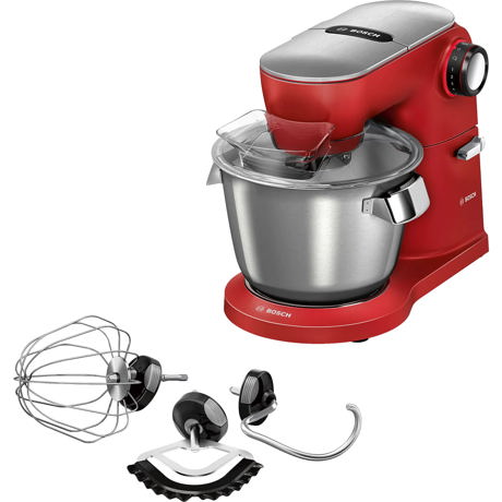 Robot de bucatarie Bosch MUM9A66R00, 1600 W, 7 viteze+Pulse, Mixare planetara 3D, Bol inox slefuit 5.5 L, Senzor Smart Dough, Carcasa aluminiu turnat, Rosu/argintiu