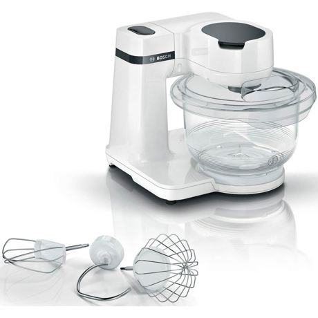 Robot de bucatarie Bosch MUMS2TW00, 700 W, 4 viteze, Mixare planetara 3D, Bol Tritan 3.8 L, Set patiserie, Capac transparent, Alb