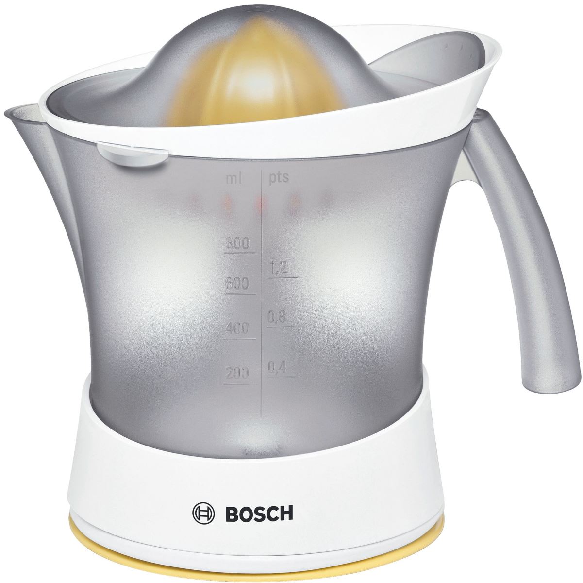Storcător de citrice Bosch MCP3500N, 25 W, 0.8 L, Filtru ajustabil pentru pulpa, Indicator nivel suc, Rotatie stanga-dreapta, Capac protectie, Alb/Gri inchis
