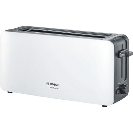 Prajitor de paine Bosch ComfortLine TAT6A001, 1090 W, fanta lunga, 2 felii, reglaj electronic, suport chifle integrat, Alb/gri