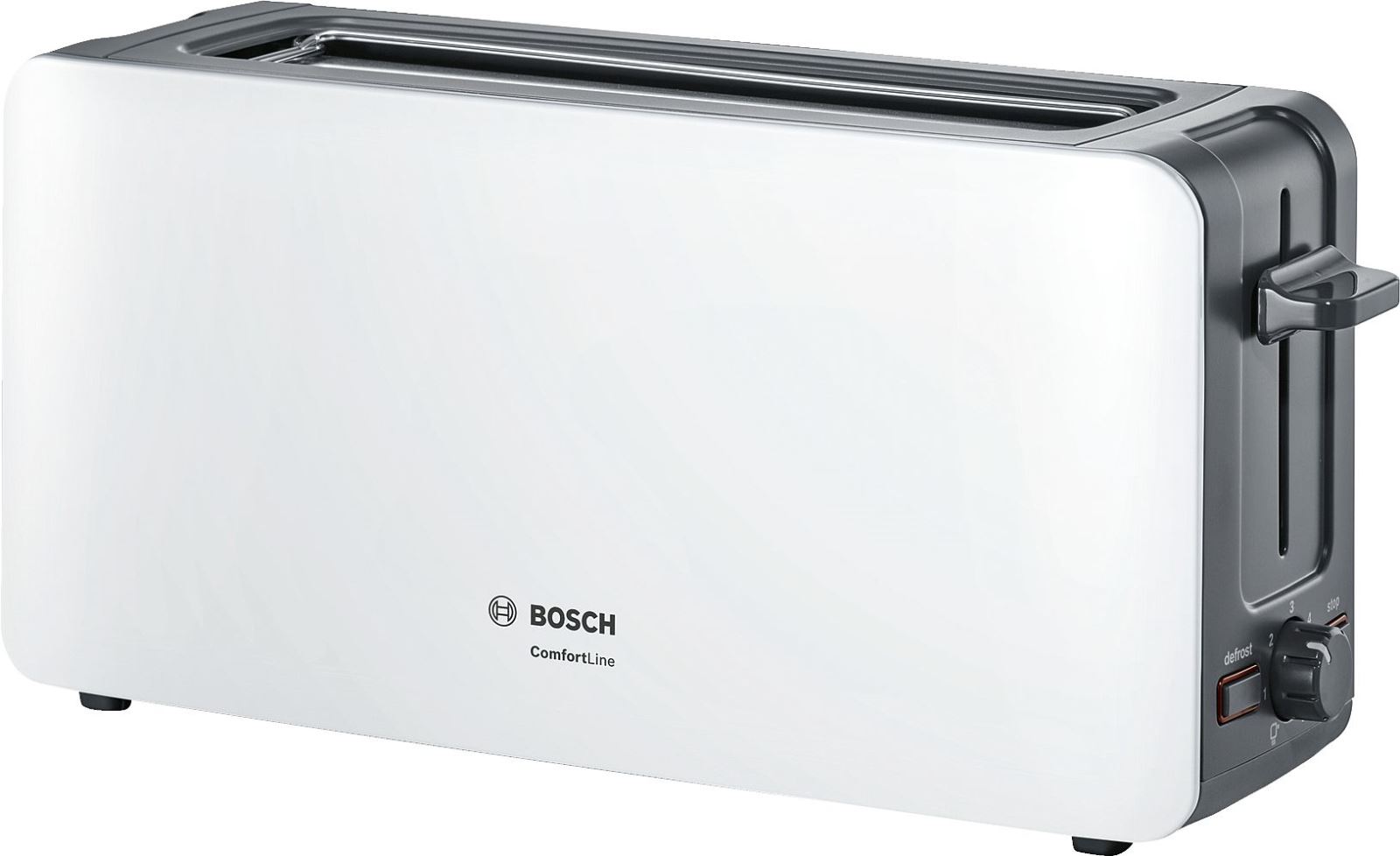 Prajitor de paine Bosch ComfortLine TAT6A001, 1090 W, fanta lunga, 2 felii, reglaj electronic, suport chifle integrat, Alb/gri