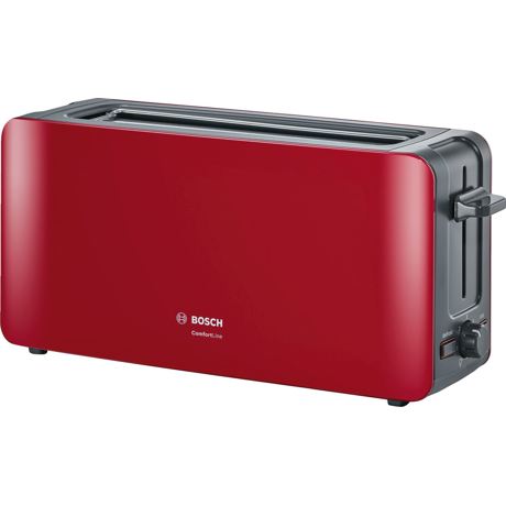 Prajitor de paine Bosch ComfortLine TAT6A004, 1090 W, fanta lunga, 2 felii, reglaj electronic, suport chifle integrat, Rosu/gri