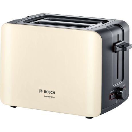 Prajitor de paine Bosch ComfortLine TAT6A117, 1090 W, compact, 2 felii, reglaj electronic, suport chifle integrat, cream/gri închis