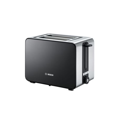 Prajitor de paine Bosch TAT7203, 1050 W, compact, 2 felii, reglaj electronic, suport chifle integrat, Inox/Negru