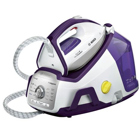 Statie de calcat Bosch Serie 8 ProHygienic TDS8080, 2400 W, Ceranium Glissée Pro, 7,5 bar, VarioComfort, i-Temp, AntiShine, Ultimate550, 1,8 lt, Calc'c clean Perfect, Eco, alb/violet