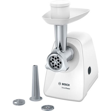 Tocator de carne Bosch SmartPower MFW2510W, 350 W, 1.7 kg/min., 2 site, Pâlnie de cârnaţi, Alb