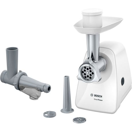 Tocator de carne Bosch SmartPower MFW2515W, 350 W, 1.7 kg/min., 2 site, Pâlnie de cârnaţi, Storcător fructe și legume moi, Alb