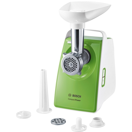 Tocator de carne Bosch CompactPower MFW3520G, Nominal 500 W, Max 1500 W, 1,8 kg/min, tava suport incarcare plastic, presa, 2 discuri tocare medie/grosiera, accesoriu kebbe, palnie carnati, alb/verde
