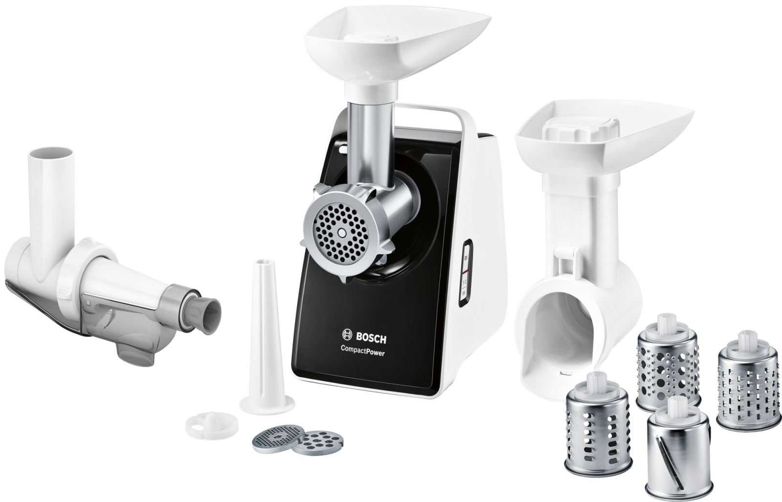 Mașină de tocat carne Bosch CompactPower MFW3X17B, 2000 W, 2.5 kg/min, Funcție de inversare, 3 discuri, Dispozitiv de răzuire cu 4 tamburi, Accesoriu fructe si legume moi, Negru