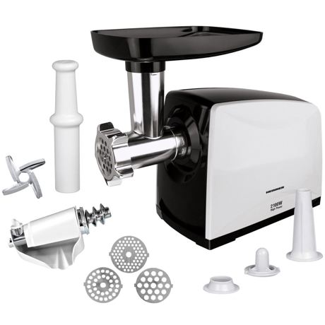 Masina de tocat carne Heinner MG-2100BKWH, 2100 W, 1.8 kg, Acc rosii, Acc. Carnati, Cutit Inox, Negru/Alb