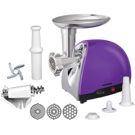 Masina de tocat Heinner MG1600TA-UV, 1600 W, Accesoriu rosii si carnati, 3 site de taiere, Cutit inox,Violet