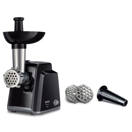 Masina de tocat carne Tefal Classic NE105838, 1400W, 1.7 kg/min, functie Reverse, 2 site de tocat, Accesoriu pentru carnati, Negru