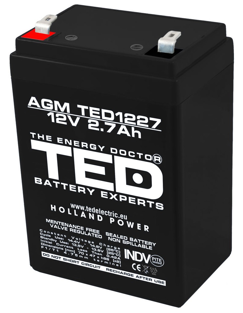 Acumulator stationar 12V 2,7Ah F1 AGM VRLA TED Electric TED1227