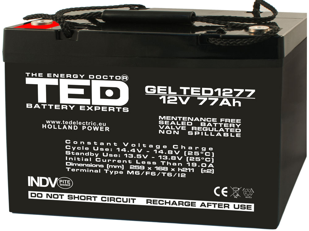 Acumulator TED AGM VRLA 12V 77A GEL dimensiuni 260mm x 167mm x h 210mm
