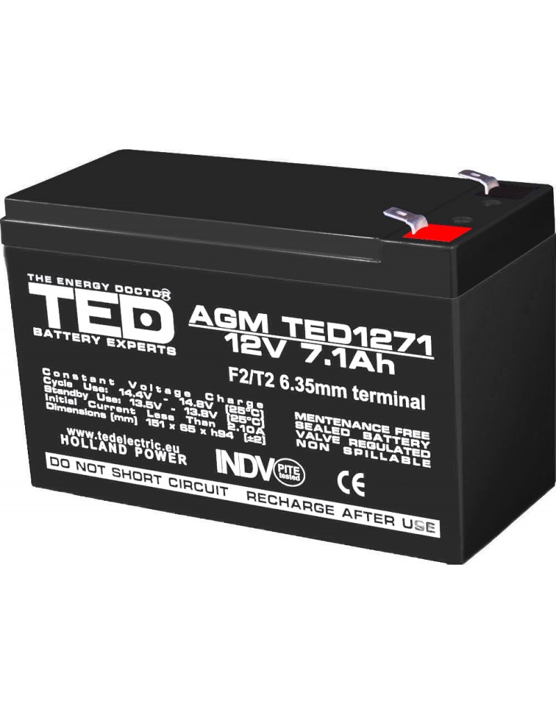 Acumulator stationar 12V 7,1Ah F2 AGM VRLA TED Electric TED1271F2