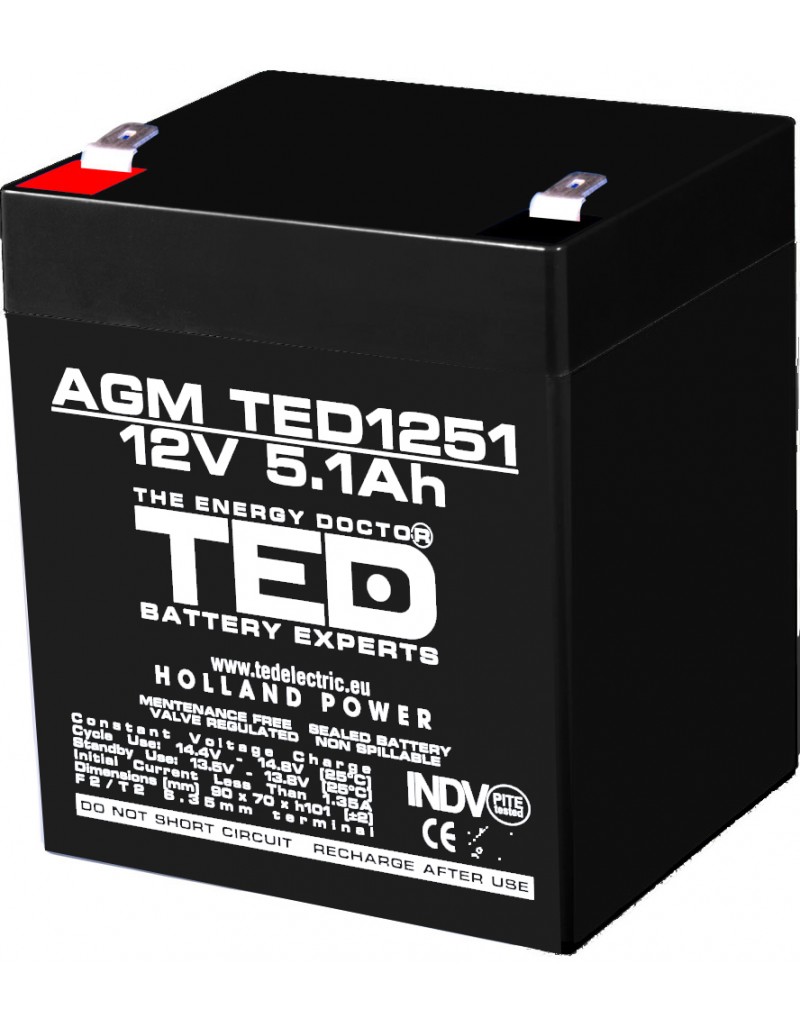 Acumulator stationar 12V 5,2Ah High Rate F2 AGM VRLA TED Electric TED1252