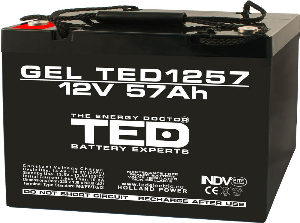 Acumulator TED AGM VRLA 12V 57A GEL  dimensiuni 229mm x 138mm x h208mm